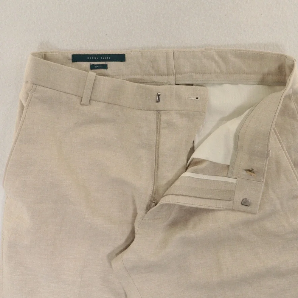 Perry Ellis Dress Pants Men 29x30 Slim Fit Flat Front Khaki Tan Linen Blend EUC